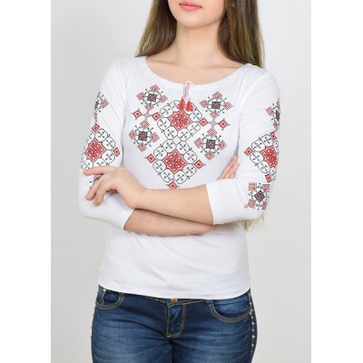 Embroidered t-shirt with 3/4 sleeves "Slavic Charm" red on white